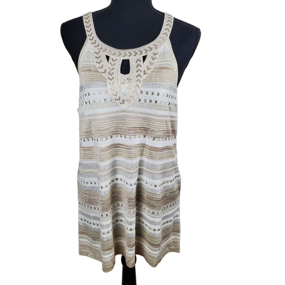 WHITE HOUSE BLACK MARKET Sleeveless Knit Tank Top Beige Crochet Neck Boho Stripe - Picture 2 of 10